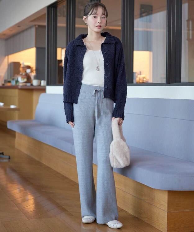 Tiaclasse 【着丈が選べる】ハイネックブークレカーディガン ショート丈ネイビー