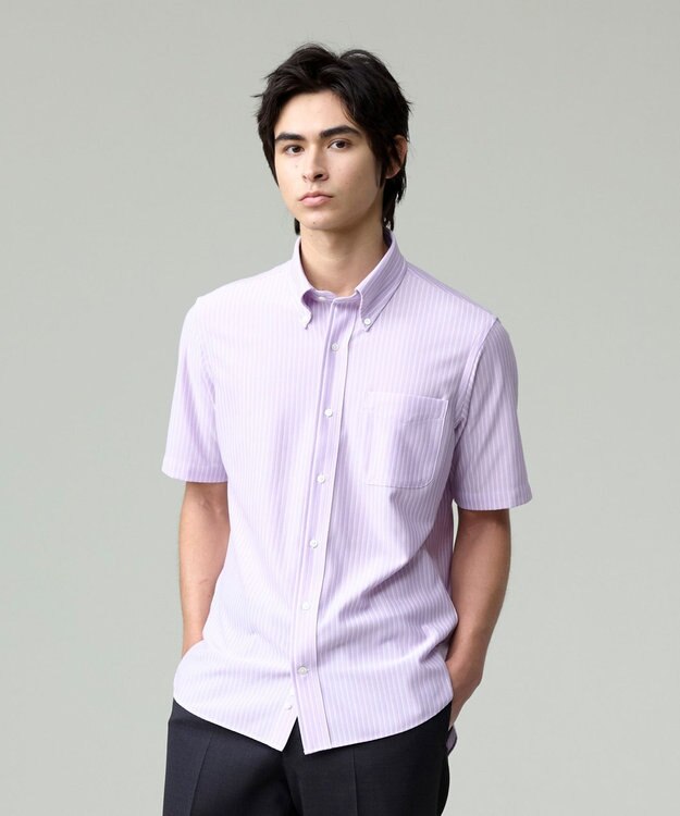 J.PRESS MEN 酷暑の清潔感もこれ一枚で【吸水速乾 / 抗菌防臭 / 防シワ】【J.PRESS OXFORD JERSEY】カノコインレイストライプ 半袖シャツ / B.D. ライラック系1