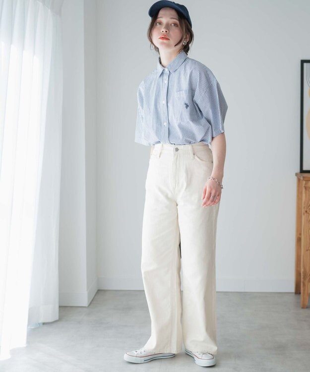 WEGO カラーウエストフィットワイドストレートパンツ オフホワイト