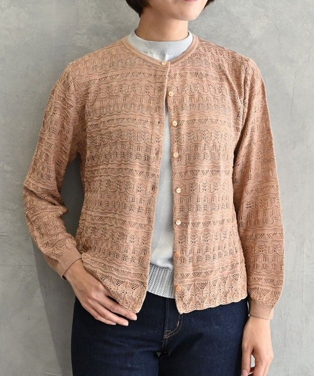 muuc 〈高品質シルク100%〉〈通年着られる〉透かしレース編み 袖リブあり シェルボタン使用 カーディガン ブロンド