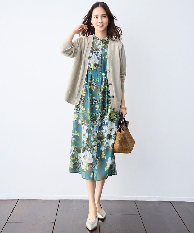 自由区 【SHIHOさん着用】ボタニカルプリント ワンピース ターコイズ系