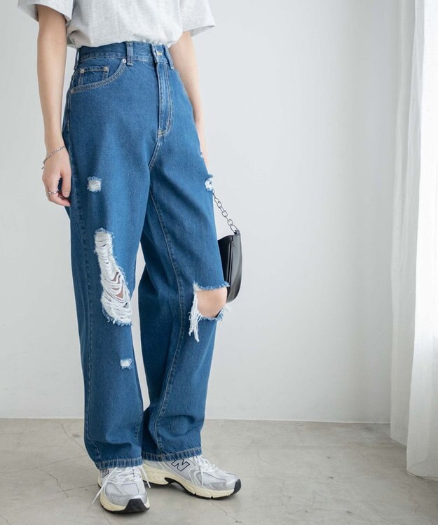 WEGO ヘビークラッシュローライズパンツ デニム中濃色