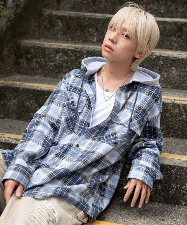 WEGO 【25年秋冬新作/ユニセックス着用ITEM/MLサイズ展開】オンブレチェックフードネルシャツ（LS） ブルーチェック1
