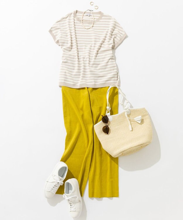 23区 L 【洗える】リネンレーヨンストレッチ ワイド パンツ イエロー系