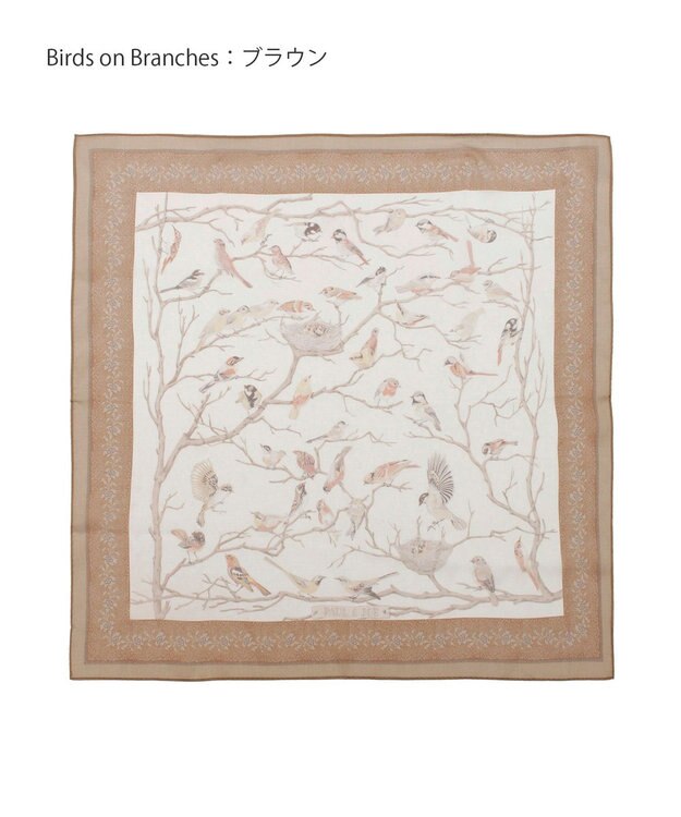 MOONBAT 【WEB限定】PAUL & JOE ACCESSOIRES シルクシフォンスカーフ 58×58cm ブラウン(Birds on Branch)