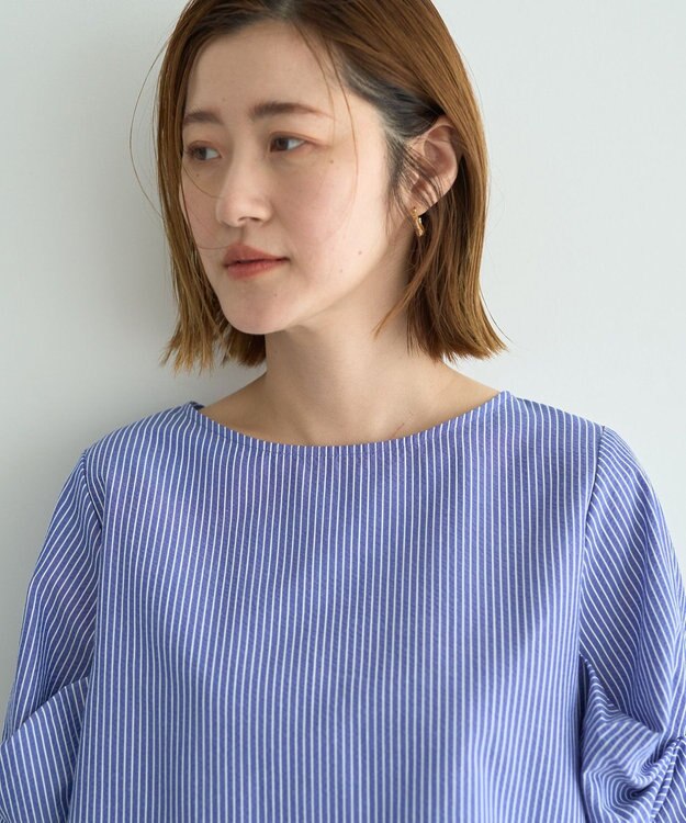 YECCA VECCA パールタックスリーブブラウス Stripe