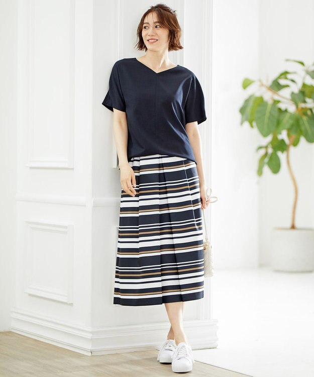 自由区 【接触冷感・速乾・UVカット・撥水・防シワ】リネンライクツイル タックスカート ネイビー系1