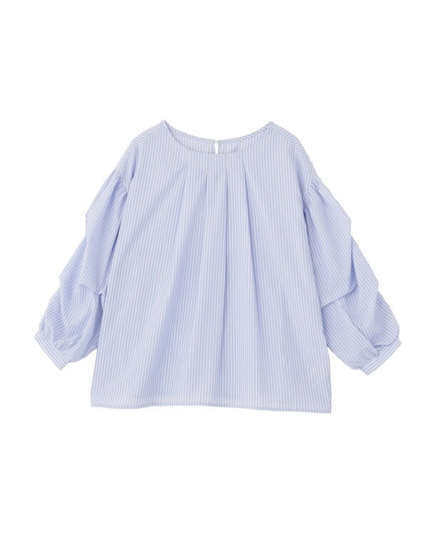 Green Parks イージーケア袖タックブラウス Stripe Blue