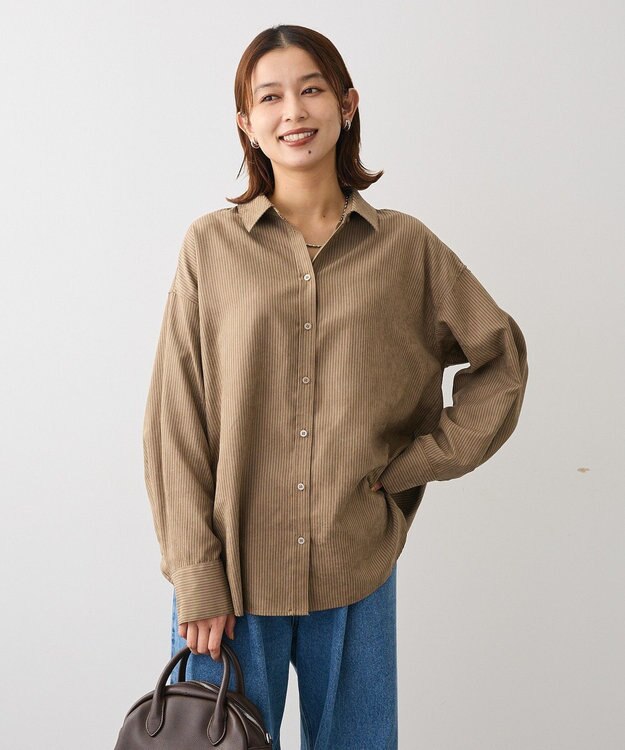 Green Parks シルキータッチストライプシャツ Brown