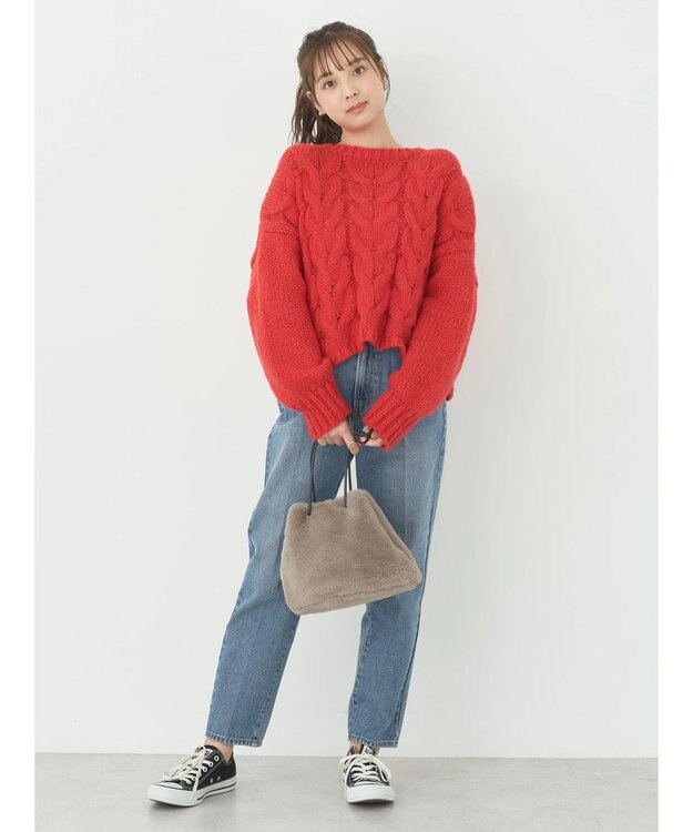 earth music&ecology ローゲージ手編み風ケーブルプルオーバー Red