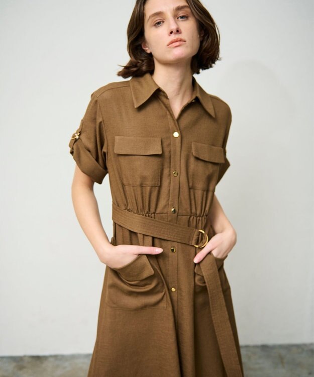 GRACE CONTINENTAL リネンタッチサファリドレス ブラウン