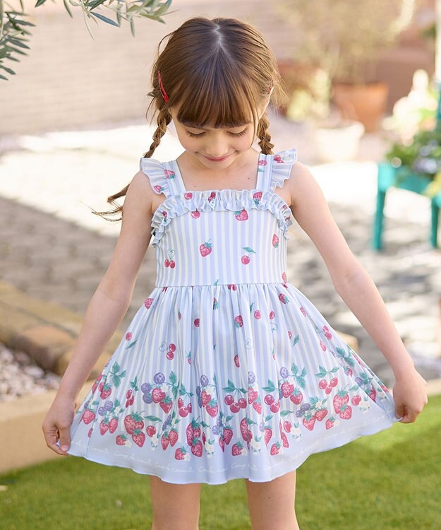 ANY KIDS ストライプ×フルーツ ワンピース 水着 サックスブルー系