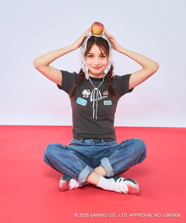 OP／FILA 【Ocean Pacific×ハローキティ】ワッペンリンガーチビTシャツ チャコールグレー