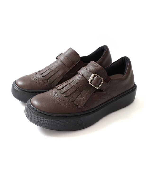 Pointer 日本製 本革フリンジ付き厚底ローファー ブラウン