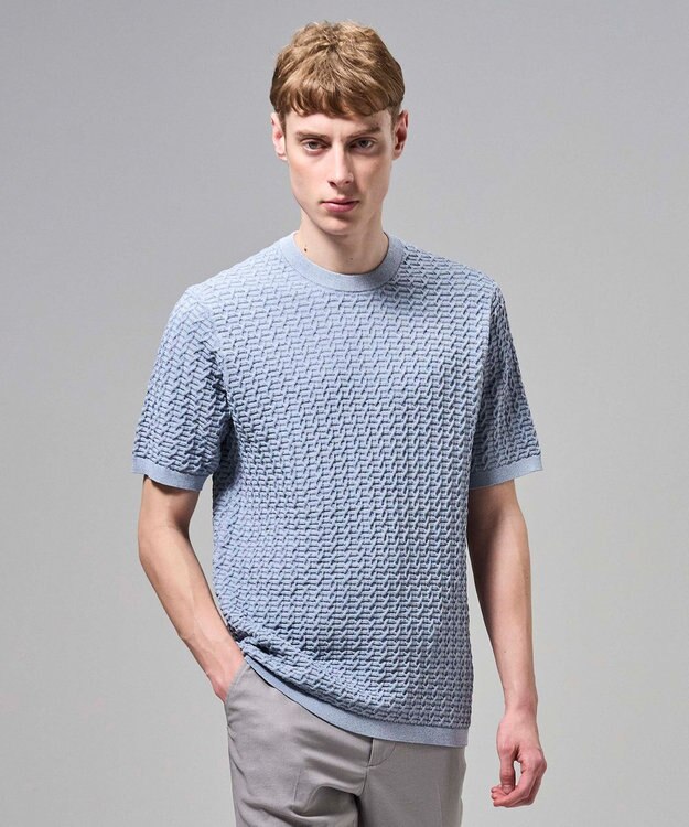 JOSEPH HOMME ドライコットンリンクス　半袖クルーネックニット スカイブルー系