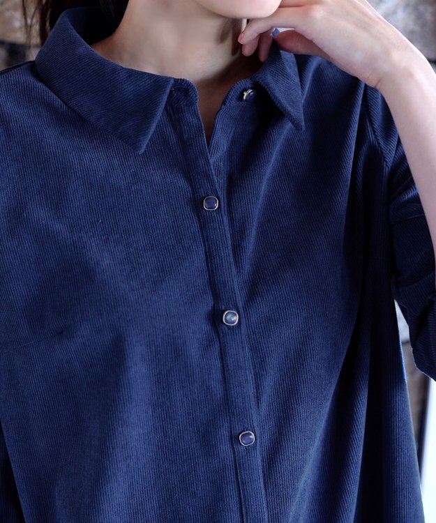 Tiaclasse L 【洗える】コーデュロイシャツチュニックブラウス ブルー