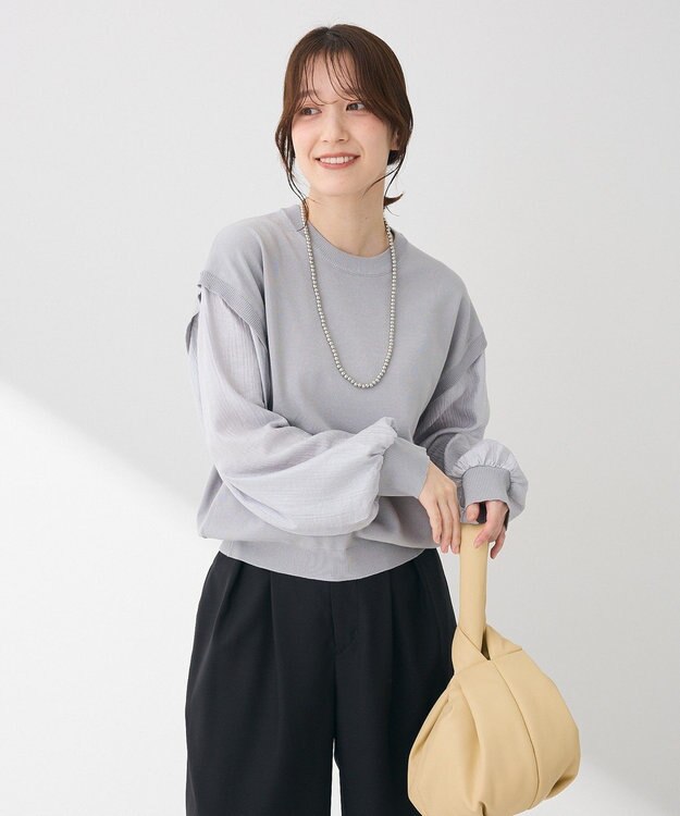 Green Parks 袖光沢ドッキングニットプルオーバー Gray