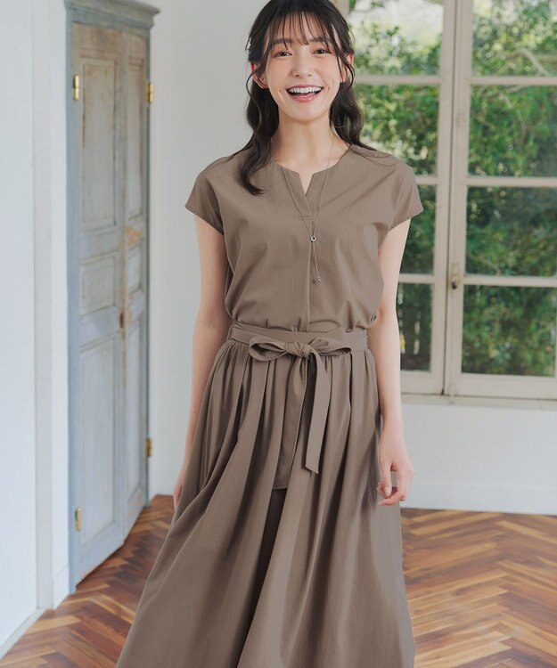 Tiaclasse 【トップス&スカートセット・洗える】ストレッチタフタセットアップ モカ