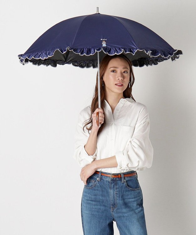 MOONBAT 【WEB限定】POLO RALPH LAUREN（ポロ ラルフローレン）晴雨兼用日傘 長傘 ワンポイントベア刺繍 フリル 一級遮光 遮熱 UV ディープブルー