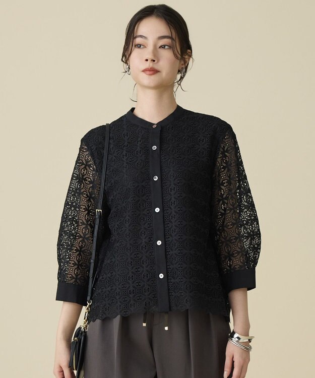 自由区 S ジオメトリックレース ブラウス ブラック