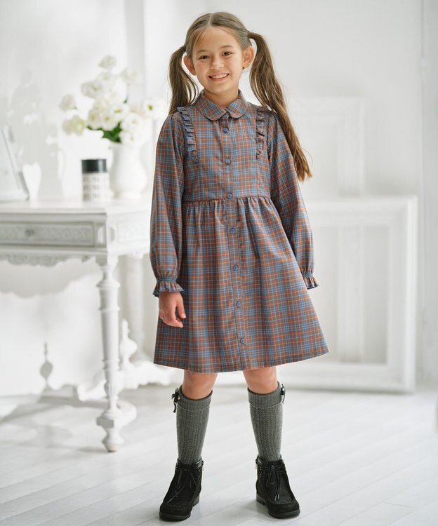 組曲 KIDS 【150-160㎝】リセチェックシャツ ワンピース ブルー×オレンジ系