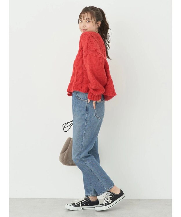 earth music&ecology ローゲージ手編み風ケーブルプルオーバー Red