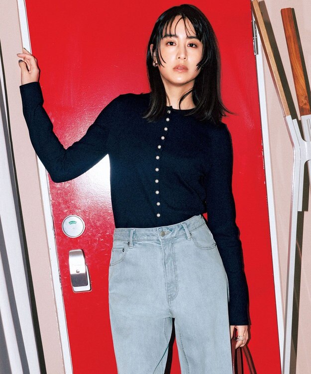 UNFILO ドライタッチリブ カーディガン ネイビー×パールボタン