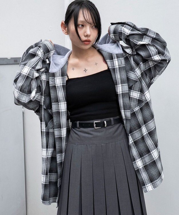 WEGO 【25年秋冬新作/ユニセックス着用ITEM/MLサイズ展開】オンブレチェックフードネルシャツ（LS） ブラックチェック1