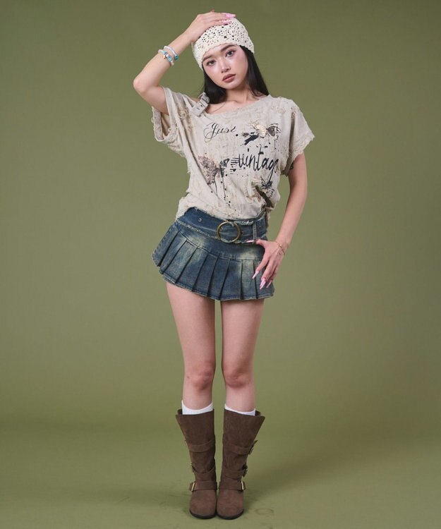 WEGO フリンジベルトプリーツデニムスカパン デニム