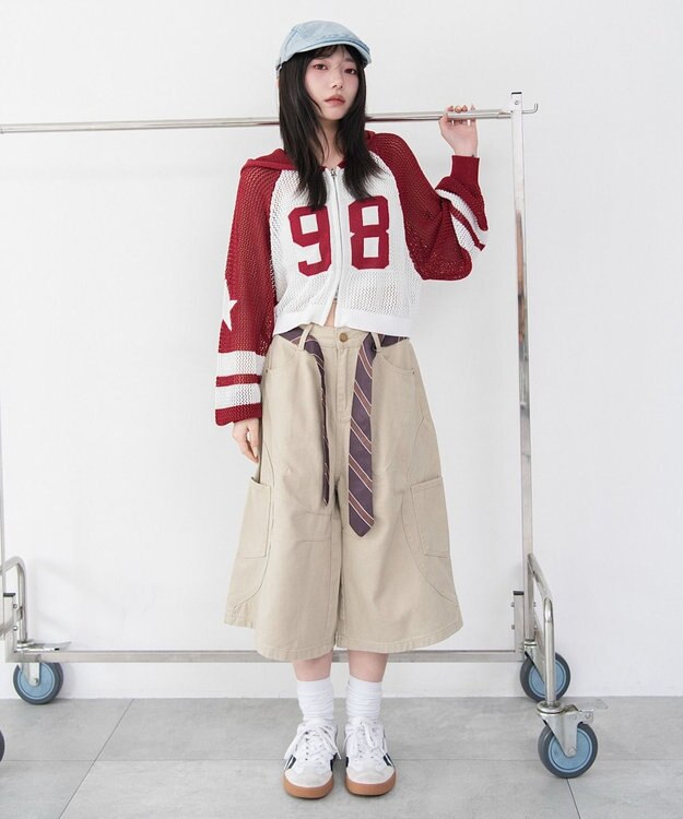 WEGO ラグランメッシュニットパーカー レッド