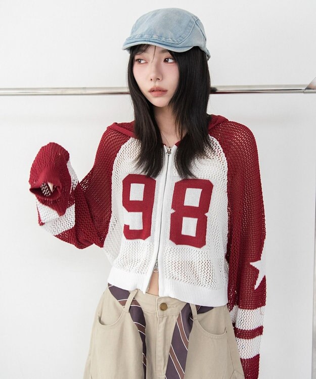 WEGO ラグランメッシュニットパーカー レッド