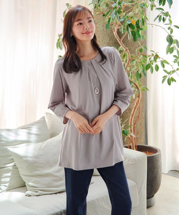 Tiaclasse L ランタンパフ袖カットソー切替チュニック グレージュ