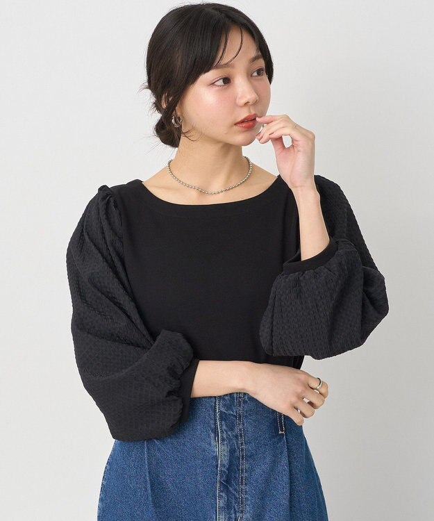 earth music&ecology シアーチェックスリーブプルオーバー Black