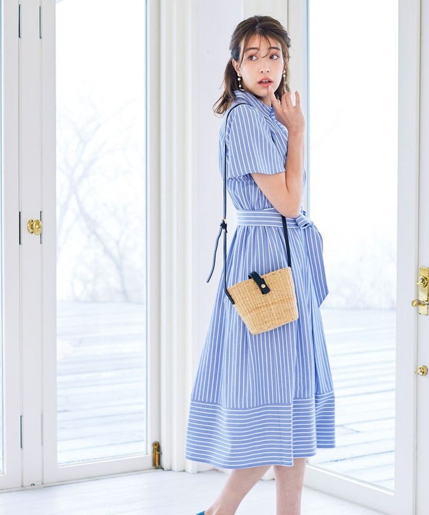 Tiaclasse L 【洗える】フレアスリーブシャツワンピース ブルーストライプ