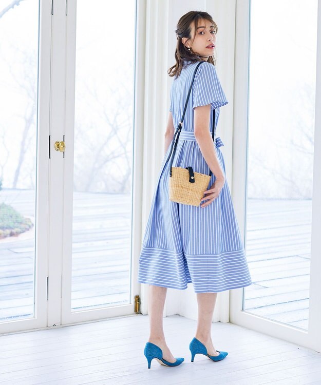 Tiaclasse L 【洗える】フレアスリーブシャツワンピース ブルーストライプ
