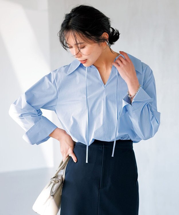 UNFILO スキッパーロングシャツ ブルーストライプ