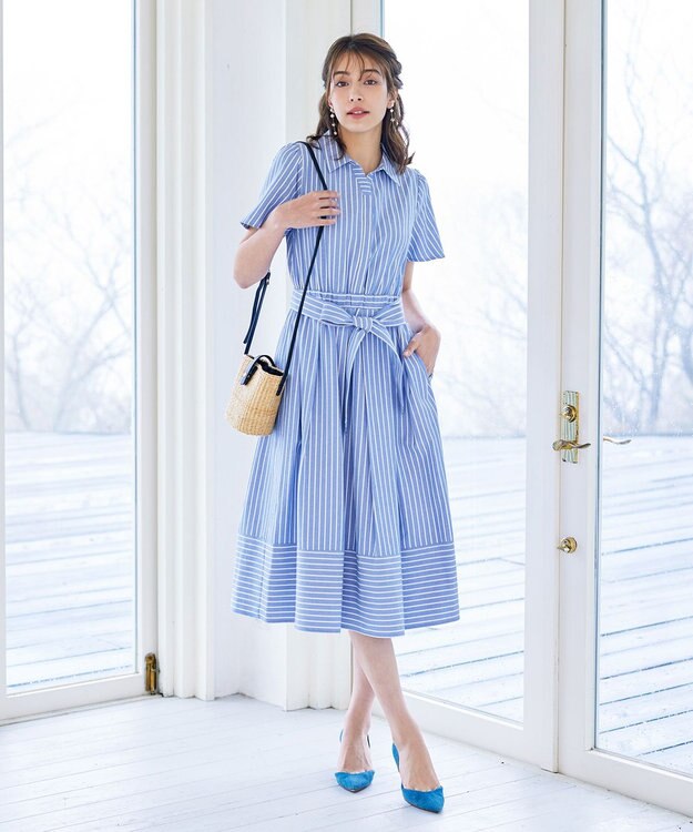 Tiaclasse L 【洗える】フレアスリーブシャツワンピース ブルーストライプ