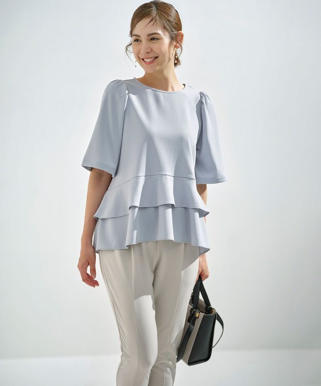 組曲 L 【接触冷感・吸湿・UVカット】ジョーゼットジャージーフリルブラウス ブルーグレー系