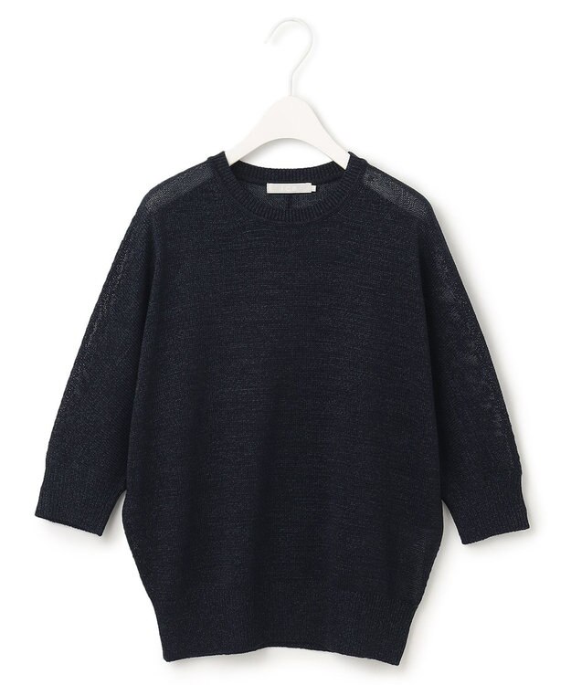 ICB L 【WEB限定カラーあり・洗える】ペーパーブレンドシャインニット 五分袖プルオーバー ネイビー系
