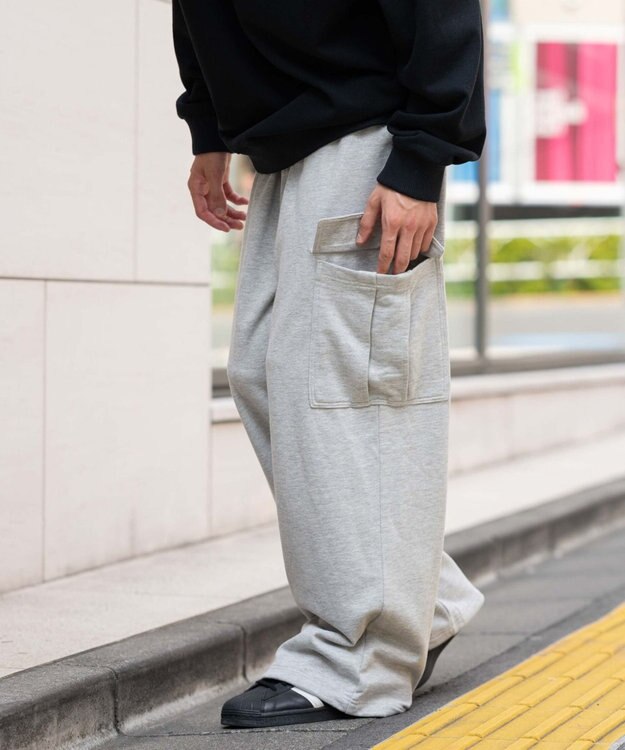 WEGO 【ユニセックス着用ITEM/ウエストゴム/MLサイズ展開】ワイドスウェットカーゴパンツ 杢グレー