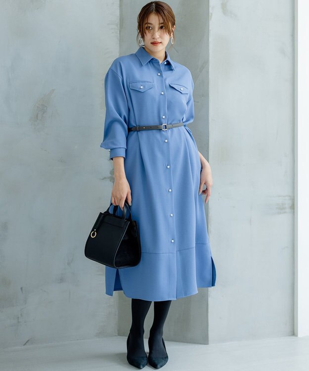 組曲 【サッシュベルト付き】パールボタンシャツワンピース ブルー系