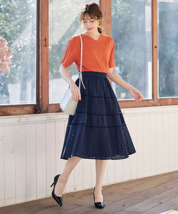 Tiaclasse L 【新色追加・洗える】幅広く活躍が期待できるレース切替スカート ネイビー