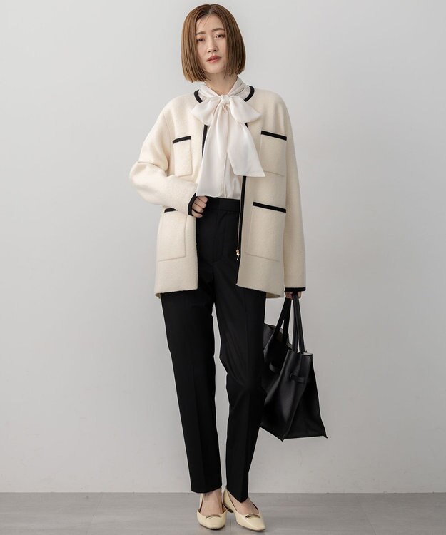 23区 L 【洗える】ミニブークレニット バイカラー ジャケット アイボリー×ブラック