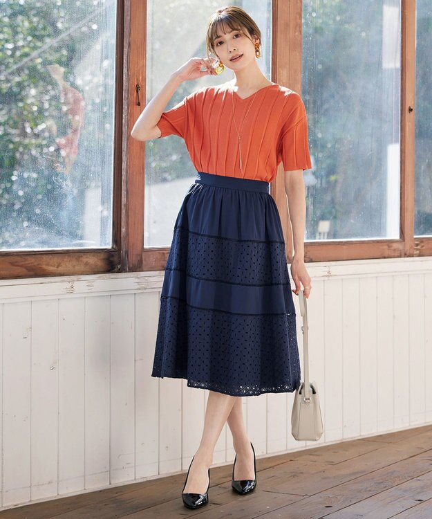 Tiaclasse L 【新色追加・洗える】幅広く活躍が期待できるレース切替スカート ネイビー