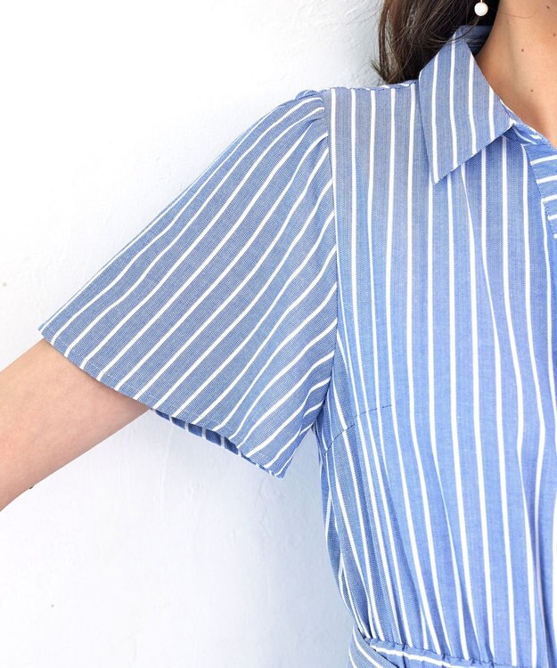 Tiaclasse L 【洗える】フレアスリーブシャツワンピース ブルーストライプ