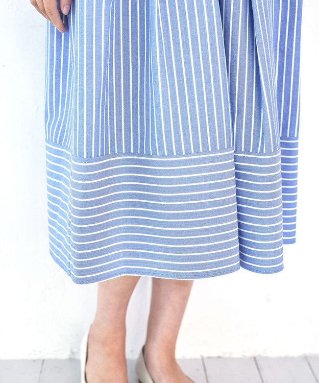 Tiaclasse L 【洗える】フレアスリーブシャツワンピース ブルーストライプ