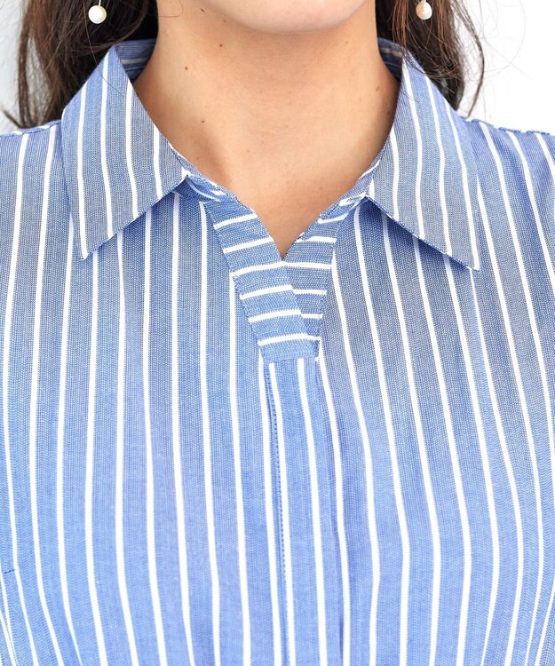 Tiaclasse L 【洗える】フレアスリーブシャツワンピース ブルーストライプ