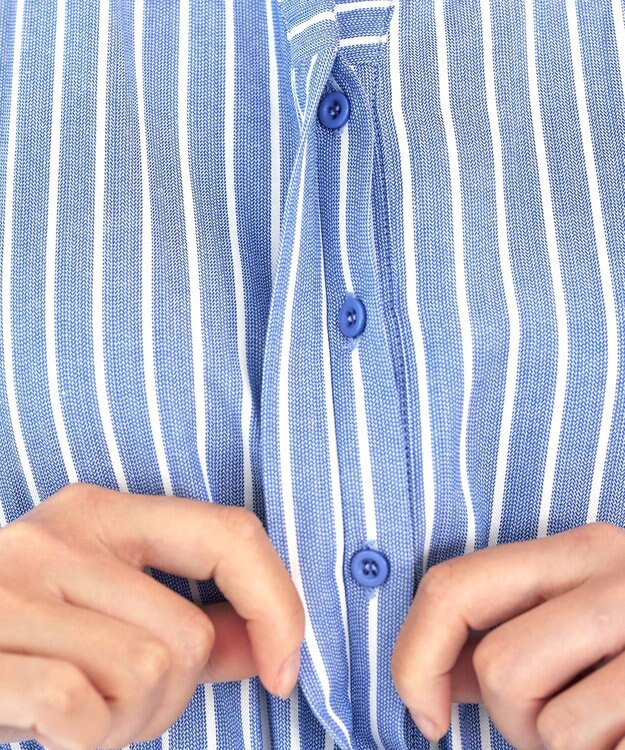 Tiaclasse L 【洗える】フレアスリーブシャツワンピース ブルーストライプ