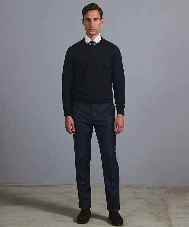 GOTAIRIKU オリジナル設計【洗える/チクチクしにくい/ピリングしにくい】イタリア糸 ハイゲージ Ｖネックニット_WOOL100% ネイビー系