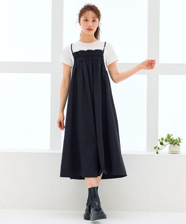 Feroux 【洗える】レイヤード風 ギャザーワンピース ブラック系